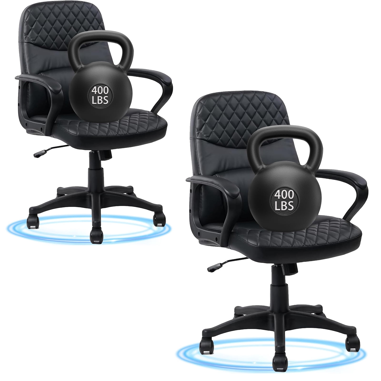 CLATINA Office Chair - Mid Back Leather Computer Desk Chair with Wheels, Ergonomic Executive Swivel Chair with Lumbar Support, Armrest for Home Office Black, 2 Pack