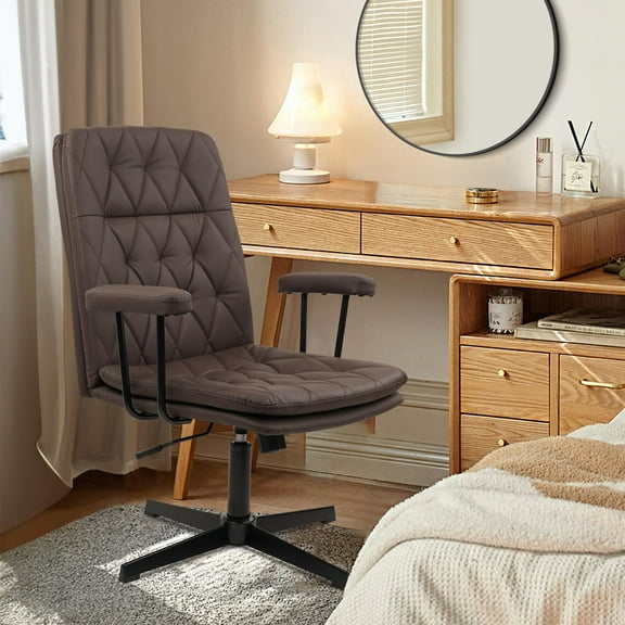 CLATINA Office Chair No Wheels, Leather Criss Cross Desk Chairs with Arms, Modern Cross Legged Computer Chair, Mid Back Height Adjustable Swivel Task Vanity Chair for Home Office, Chocolate Brown