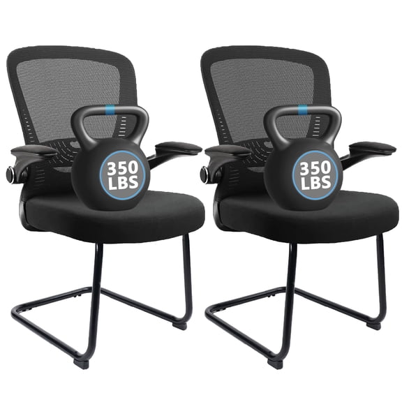CLATINA Office Guest Chair no Wheels with Lumbar Support and Flip-up Armrest Mid Back Mesh Space Air Grid Series Sled Base for Reception Conference Room Black Set of 2