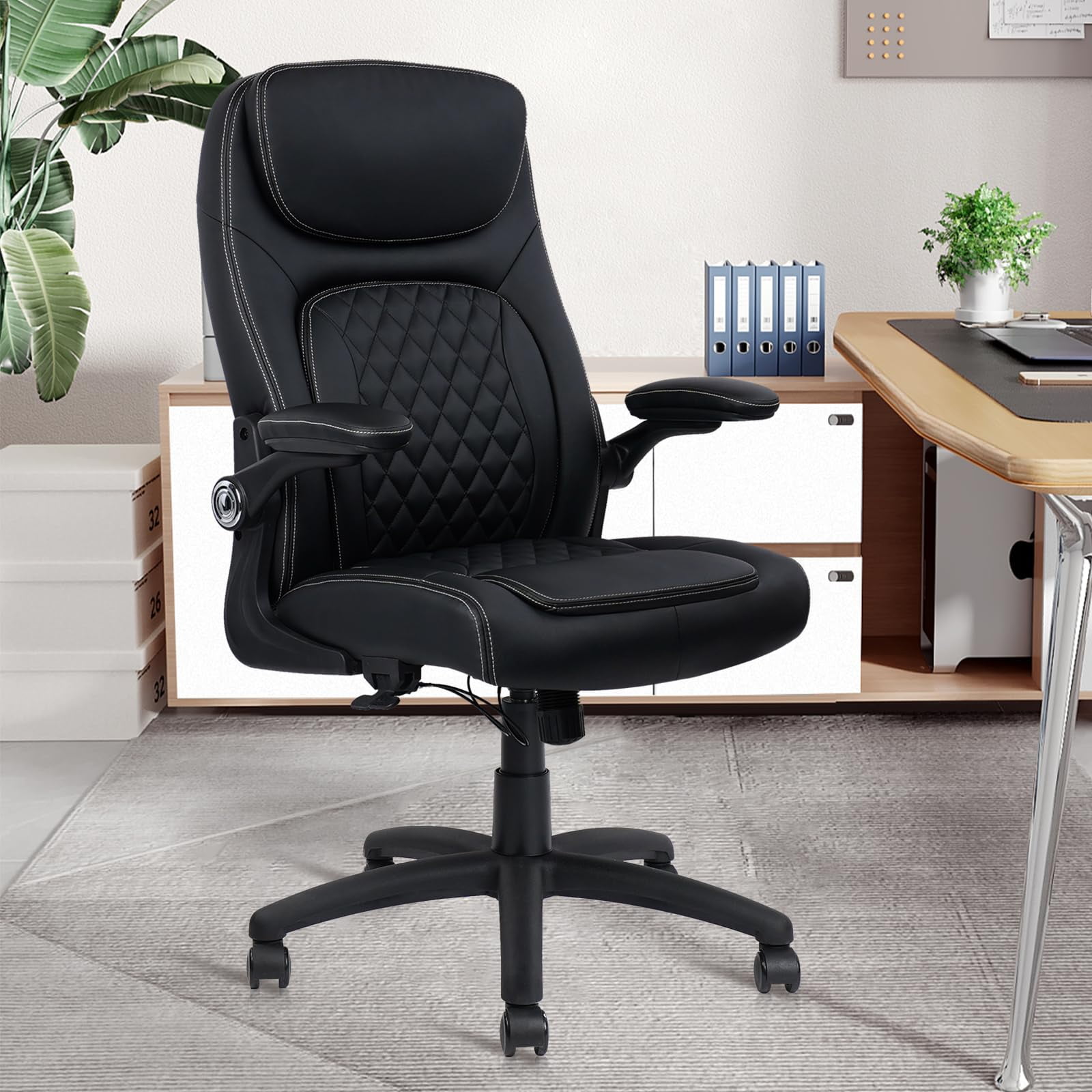 CLATINA Ergonomic Office Chair with 3D Arms& 400 LBS, Black Leather Executive Desk Chairs, Adjustable Height Swivel Rocking Rolling Computer Task Chair for Home Working