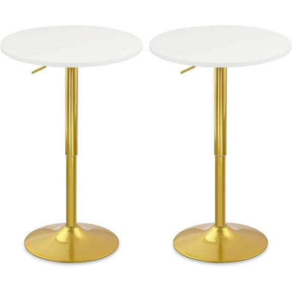 CLATINA Round Bar Pub Tables Set of 2, 26"-36" Height Adjustable Bistro Table with Gold Base, 360° Swivel High Top Cocktail Table for Home Kitchen Party Drink Restaurant Wedding Cafe Reception, White