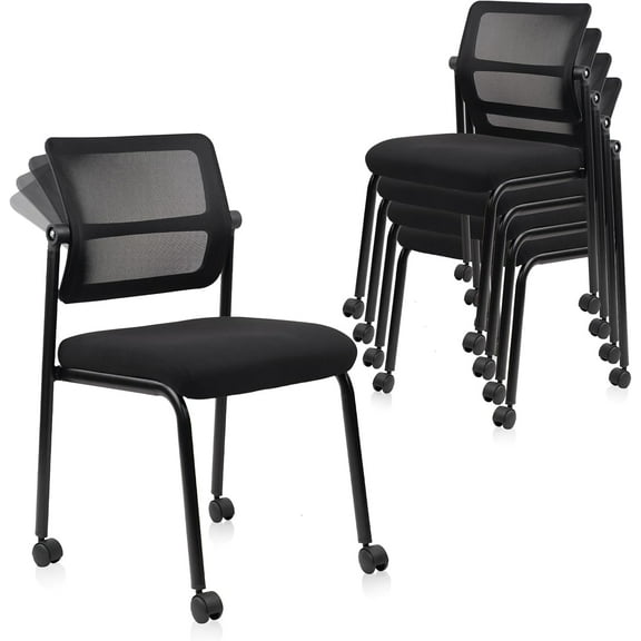CLATINA Stacking Armless Office Waiting Room Chair with Wheels, Stackable Mesh Guest Reception Desk Chairs with Adjustable Backrest for Conference Lobby Side School, Black, 4 Pack