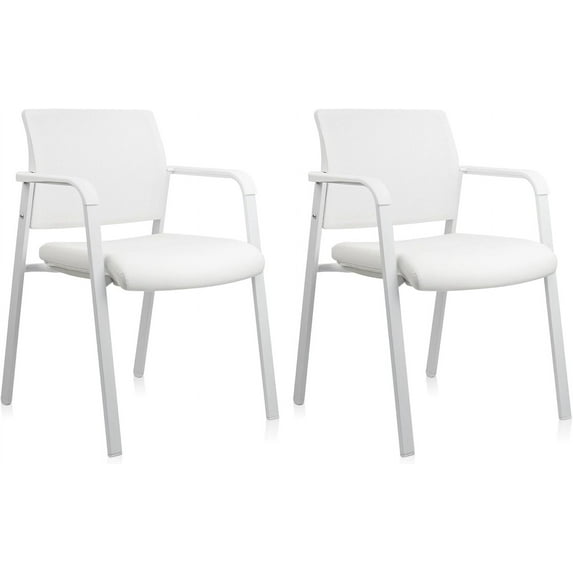 CLATINA Stacking Office Chairs | Mesh Back, Thicken Leather Seat and Arms, Ergonomic Lumbar Support | Guest Reception, Waiting, Conference, School, Party, Customer, Side, Stationary | Set of 2, White