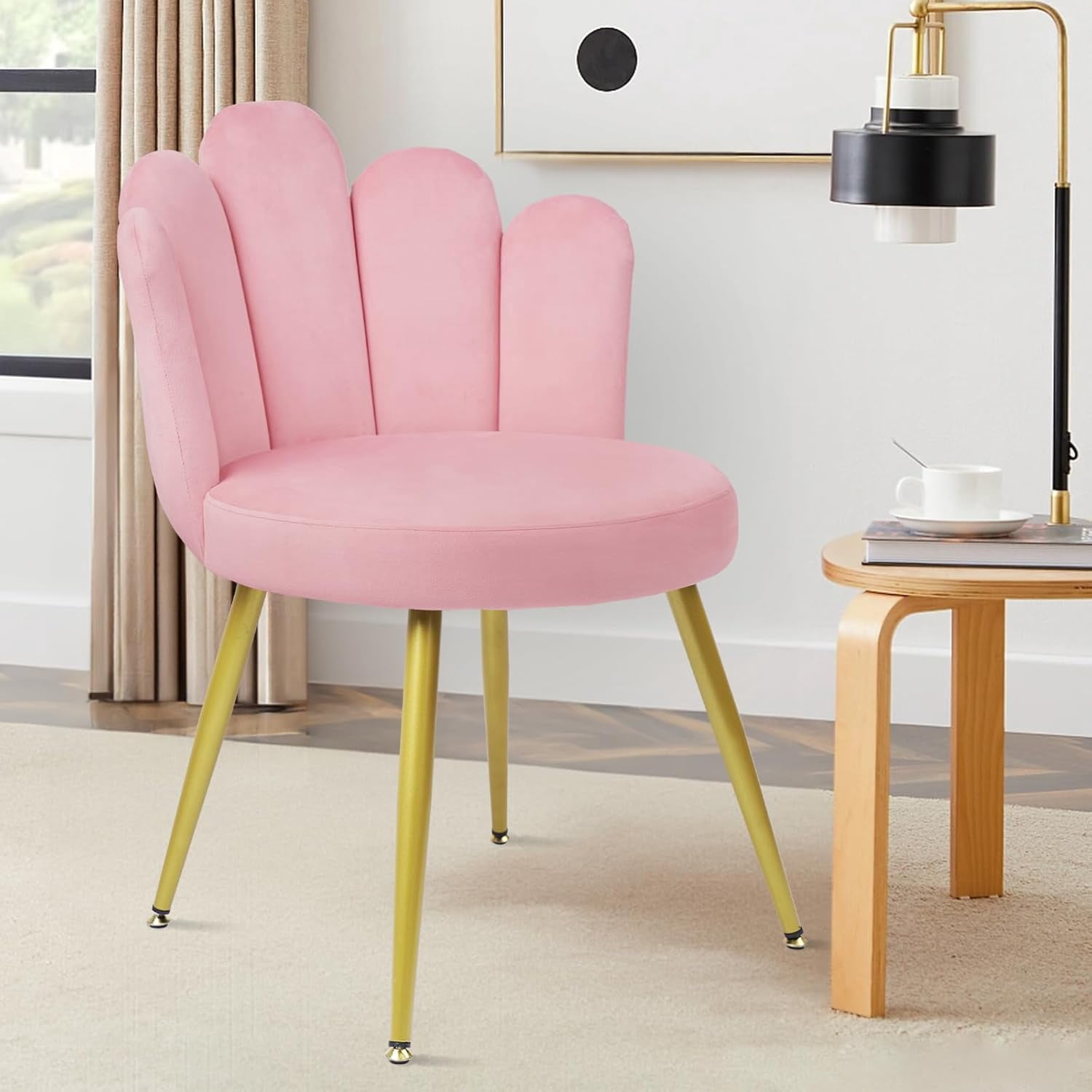 CLATINA Velvet Vanity Chair, Mid Century Modern Upholstered Chair with Back Support, Cute Living Room Chair with Gold Legs, Comfy Makeup Chairs for Bedroom Dressing Study No Wheels,Pink