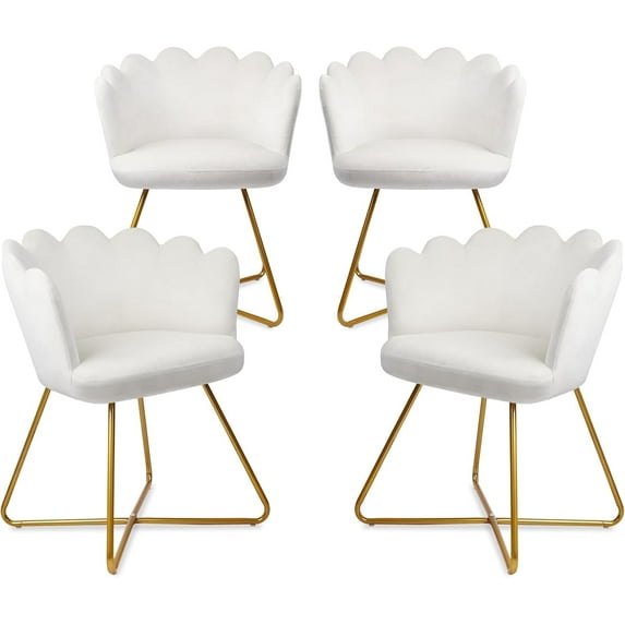 CLATINA Modern Velvet Make Up Vanity Chair, Flower Shaped Back Accent Chair Armchair with Gold Metal Leg, Cute Girl Criss Cross Chair No Wheels for Home Office Bedroom Dressing Living Room, White,4PK