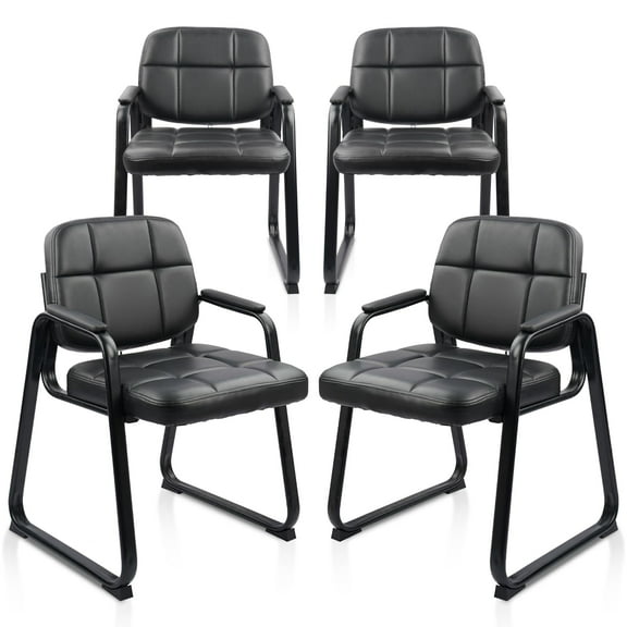 CLATINA Waiting Room Guest Chair with Bonded Leather Padded Arm Rest for Office Reception and Conference Desk Black with Sled Base 4 Pack