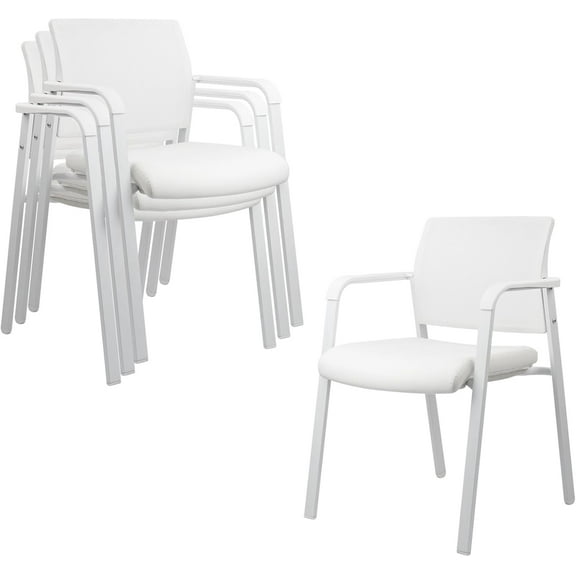 CLATINA Stacking Office Chairs | Mesh Back, Thicken Leather Seat and Arms, Ergonomic Lumbar Support | Guest Reception, Waiting, Conference, School, Party, Customer, Side, Stationary | Set of 4, White