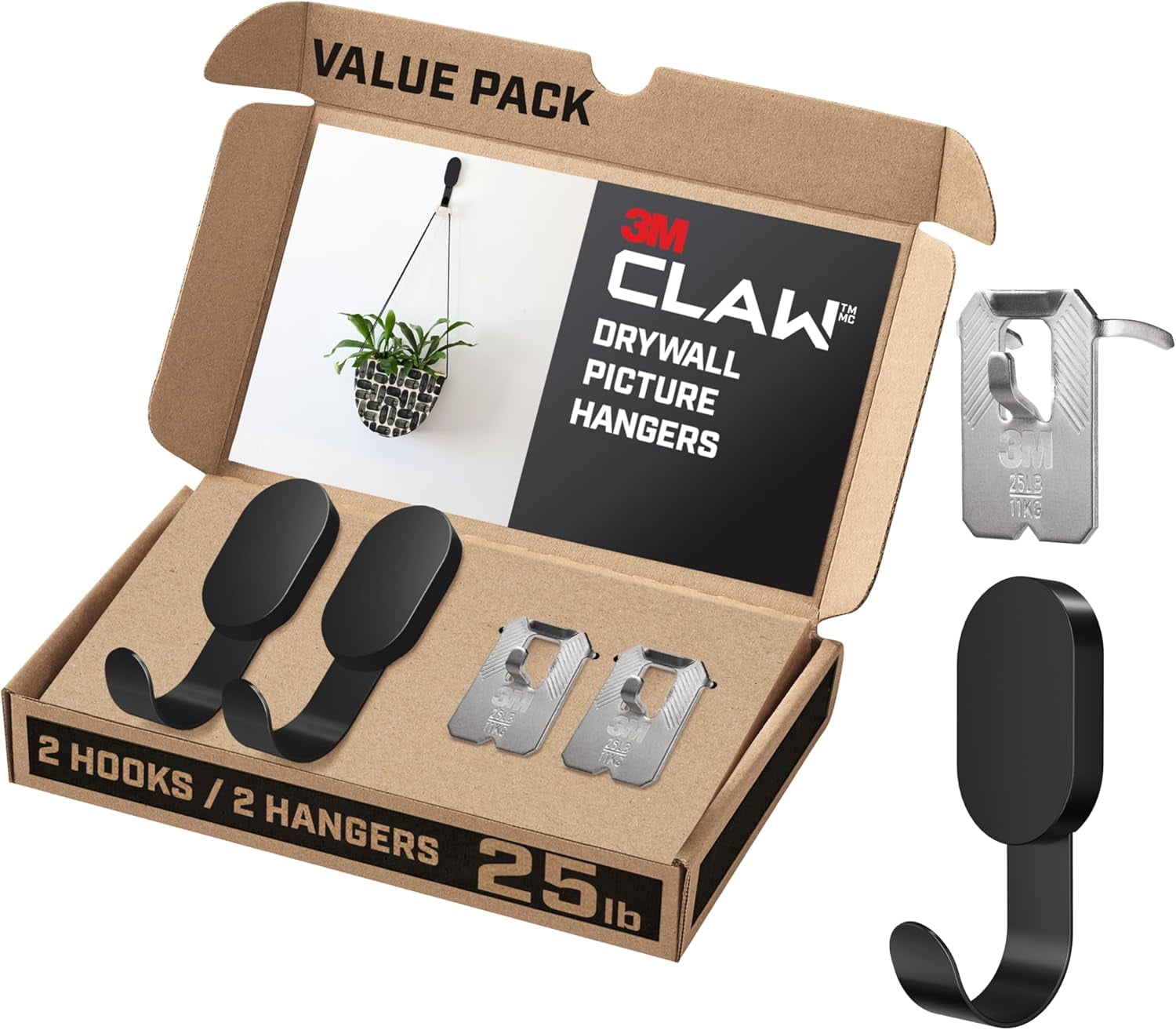 CLAW 25 lb. 2 Drywall Black Hs & 2 Extra Picture Hangers, Heavyweight Hanging Solution for Backpacks, Jackets, Pictures and Room Decor, Cute Wall Hs - 4 Pack