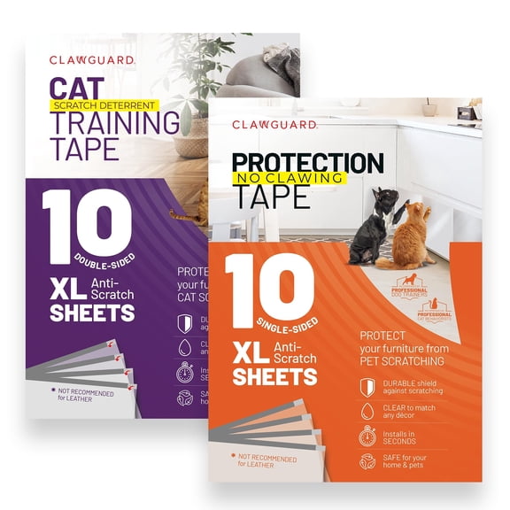 CLAWGUARD Bundle Pack Cat Training Tape and Furniture Protection Tape, 20 Total Sheets (10 Double-Sided and 10 Single-Sided), Clear Scratch Protection for Furniture, Doors and Surfaces