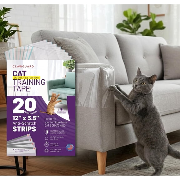 CLAWGUARD Cat Training Tape Strips, 20 Pre-Cut Double-Sided Anti Scratch Protectors for Furniture, Clear Cat Scratch Deterrent for Sofa, Couch & Surfaces, 12 x 3.5 in