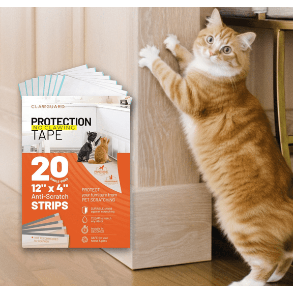 CLAWGUARD Protection Tape Strips, 20 Pre-Cut Clear Tape for Doors and Furniture, Pet Surface Protection for Dogs and Cats, 12 x 4 in