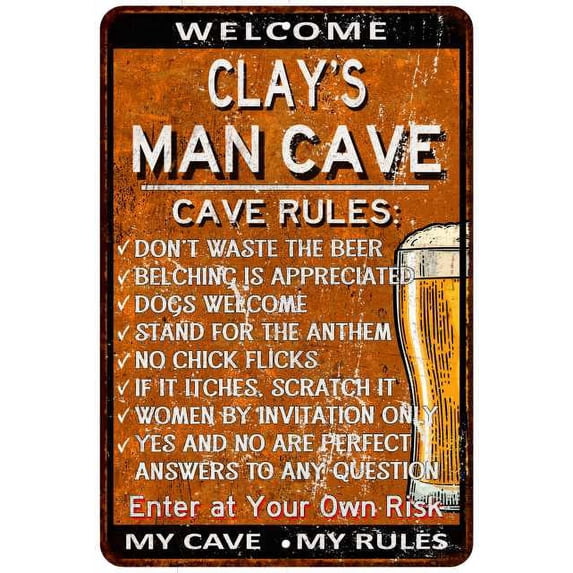 CLAY'S Man Cave Rules Rusty Sign Garage Decor 8 x 12 High Gloss Metal 208120051045