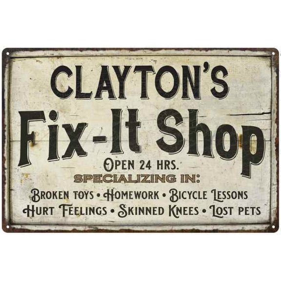 CLAYTON'S Fix-It Shop Sign Grandpa Dad Wall Decor Gift 8x12 Metal 208120006256