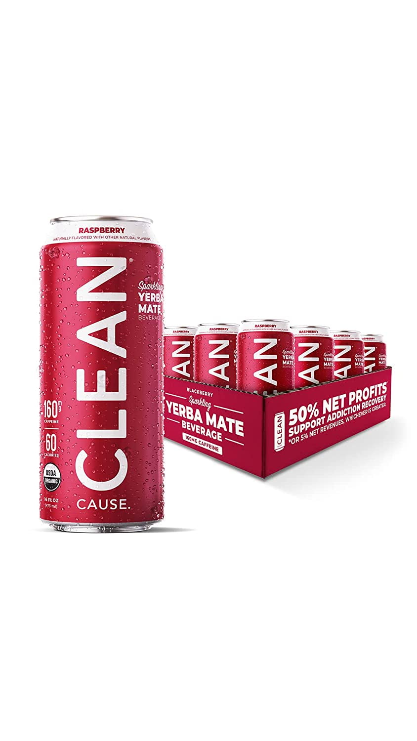 CLEAN Cause Low Calorie Raspberry USDA Organic Sparkling Yerba Mate Tea (16oz cans, 12-Pack Case) Low Sugar, 160mg Caffeine, Healthy Alternative to Soda & Energy Drinks.
