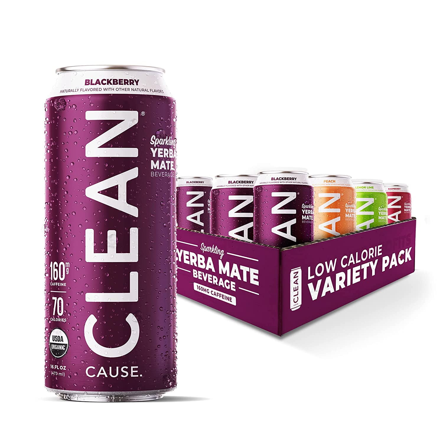CLEAN Cause Low Calorie Variety Pack Sparkling Yerba Mate Tea, 160mg Caffeine, Organic, Low