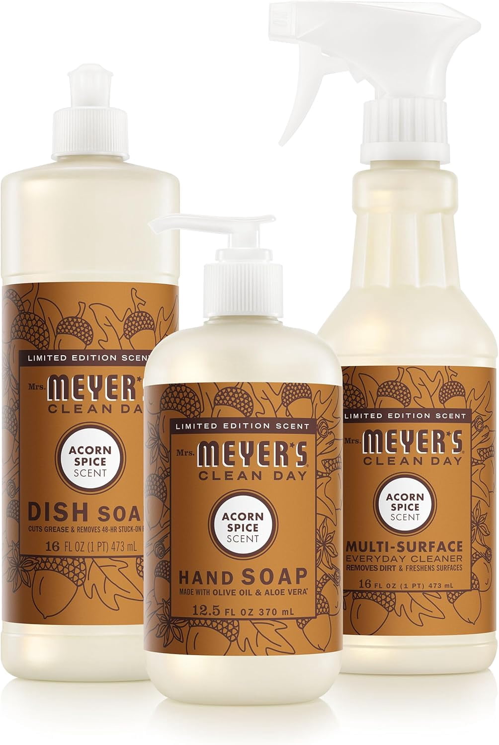 CLEAN DAY Kitchen Basics Set, Acorn Spice Scent Cleaning Supplies includes Hand Soap (12.5 Fl Oz), Dish Soap (16 Fl Oz) and Multi-Surface Cleaner (16 Fl Oz)