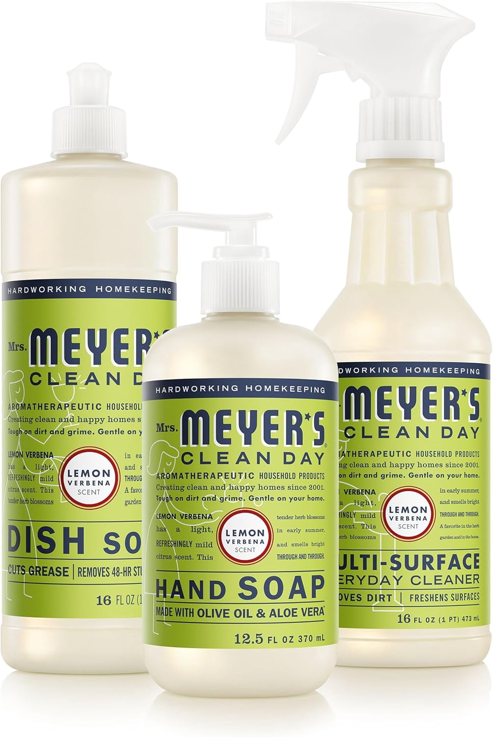 CLEAN DAY Kitchen Basics Set, Lemon Verbena Scent Cleaning Supplies includes Hand Soap (12.5 Fl Oz), Dish Soap (16 Fl Oz) and Multi-Surface Cleaner (16 Fl Oz)