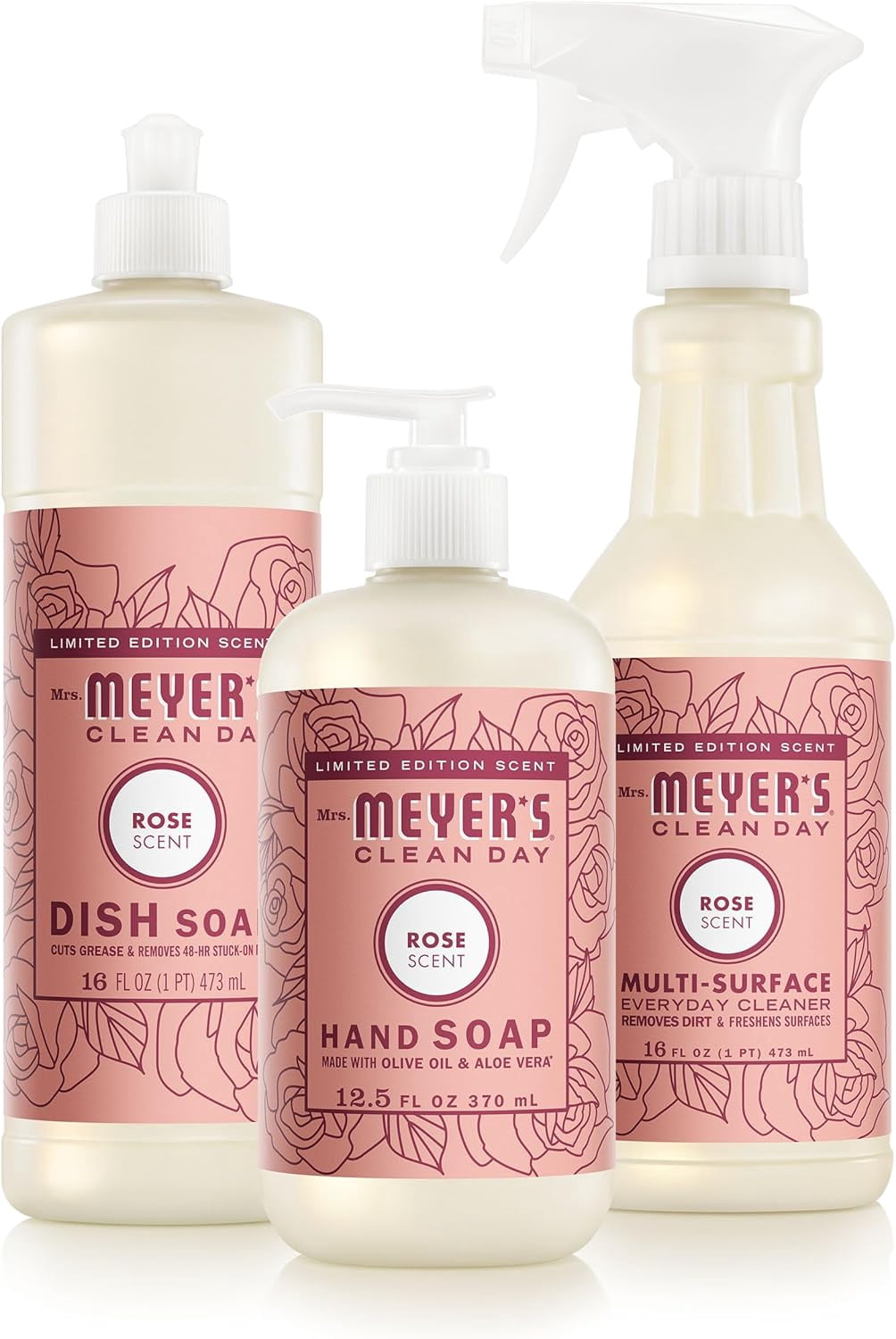 CLEAN DAY Kitchen Basics Set, Rose Scent Cleaning Supplies includes Hand Soap (12.5 Fl Oz), Dish Soap (16 Fl Oz) and Multi-Surface Cleaner (16 Fl Oz)