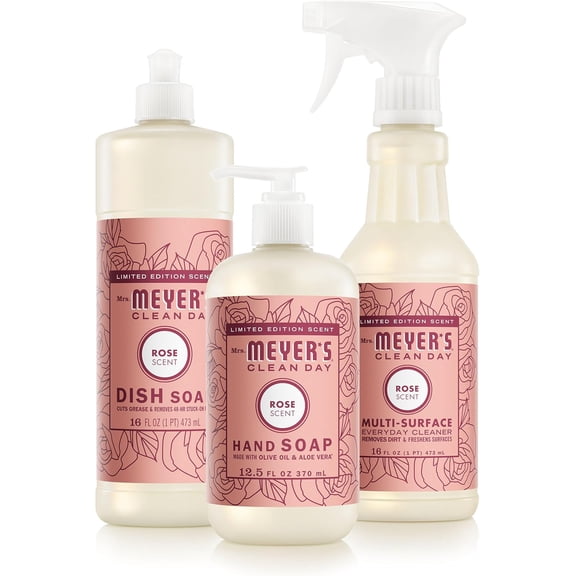 CLEAN DAY Kitchen Basics Set, Rose Scent Cleaning Supplies includes Hand Soap (12.5 Fl Oz), Dish Soap (16 Fl Oz) and Multi-Surface Cleaner (16 Fl Oz)