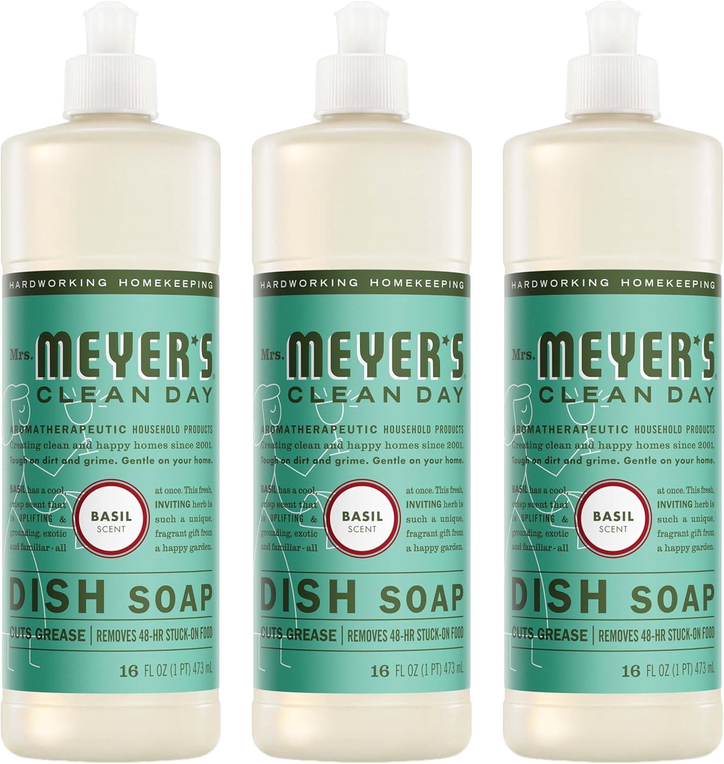 CLEAN DAY Liquid Dish Soap, Basil Scent, 16 Fl Oz Bottle - 3 Pack