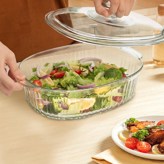 CLEANCOOLGlass Casserole Baking Dish, High borosilicate glass oval transparent vertical pattern precious band cover crystal pot for home kitchen use soup pot