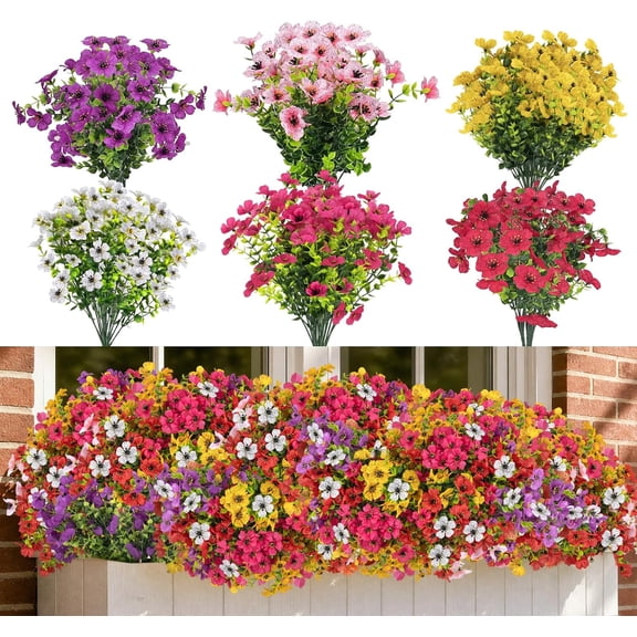 CLEANGOR 12 Bundles Artificial Flowers for Outdoors, UV Resistant Artificial Outdoor Plants, Fake Daisy with Eucalyptus Leaves, for Spring Summer Garden, Porch, Window Box, Home Decor (6 Color)