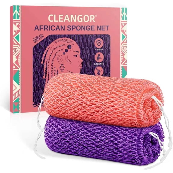CLEANGOR 2Pcs African Net Sponge Authentic - Exfoliating Body Scrubber with Stretchable Nylon Mesh, Travel Portable, Durable, Shower & Bath Accessories for Women & Men (Pink & Purple, Original Size)