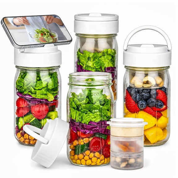 CLEANGOR 4 Pack 32 oz Glass Salad Jars Meal Prep Containers, Leakproof Mason Jars with Handle, 3 Built-in Divider Cups Wet/Dry Separation for Dressing Nuts Dry Ingredients, Ideal for Office Lunch Gym