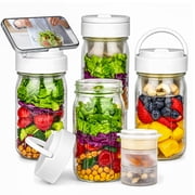 CLEANGOR 4 Pack 32 oz Glass Salad Jars Meal Prep Containers, Leakproof Mason Jars with Handle, 3 Built-in Divider Cups Wet/Dry Separation for Dressing Nuts Dry Ingredients, Ideal for Office Lunch Gym