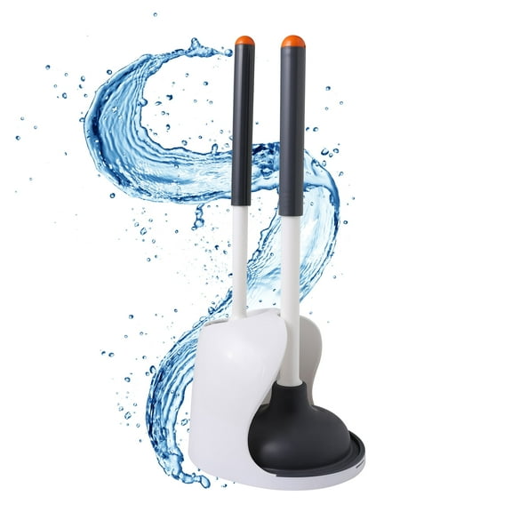 CLEANHOME Toilet Plunger and Bowl Brush Set with Tweezers and Holder for Bathroom Cleaning Grey and White