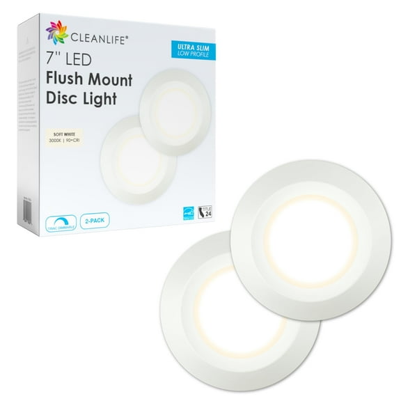 CLEANLIFE 7" LED Flush Mount Ceiling Light (2-Pack, Soft White) - Energy Efficient Puck Lights for Hallways, Home, and Retail Spaces