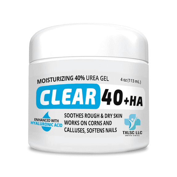 CLEAR 40 HA, Urea Cream 40% + 1% Hyaluronic Acid (4 oz) | | Softens Cracked Heels & Dry Skin Urea Cream 40 Percent - Tea Tree & Coconut Oil | Urea Cream for Callus & Corn Treatment | Made in USA