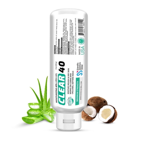 CLEAR 40, 40% Urea Gel, 8 oz w/Tea Tree & Coconut Oil, Aloe Vera Extract, Works on Calluses & Corns, Moisturizes & Softens Cracked Heels, Feet, Elbows, Hands, Nails, Superior Hydration to Urea Creams
