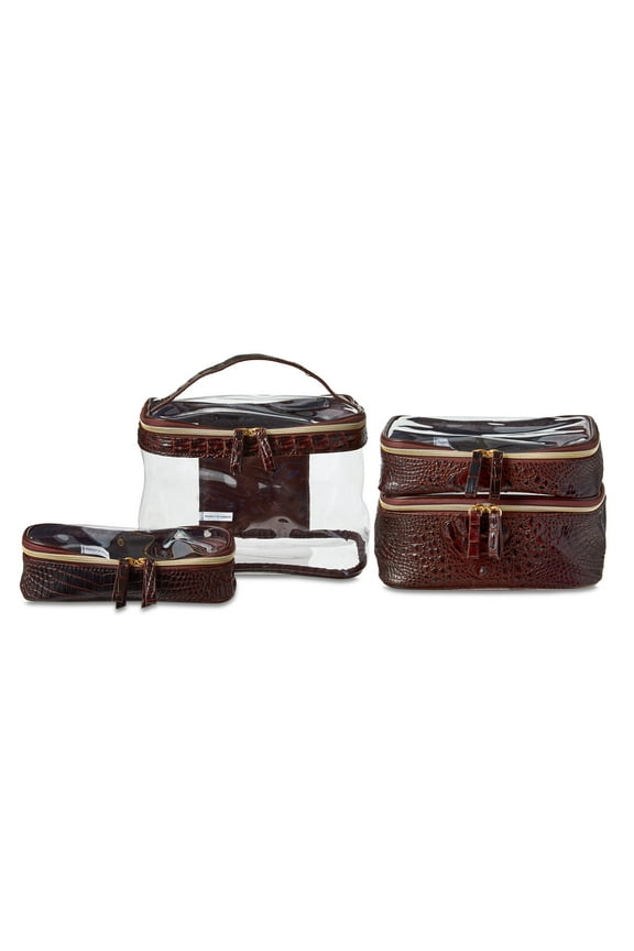 Cosmetic Bag Clear Train Case with Accessory Pouches and Two Tone Texture Trim, 4 Piece Set