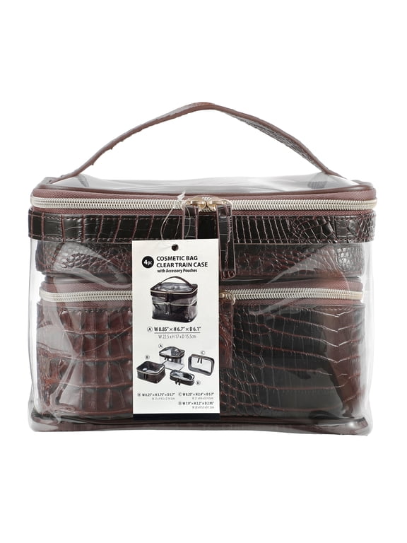 Cosmetic Bag Clear Train Case with Accessory Pouches and Two Tone Texture Trim, 4 Piece Set