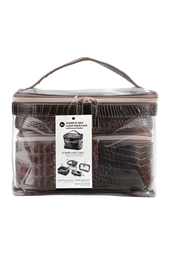 Cosmetic Bag Clear Train Case with Accessory Pouches and Two Tone Texture Trim, 4 Piece Set