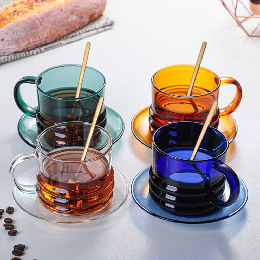Colorful Glass Coffee Mug, Coffee Mugs Striped based Cups with Handle,  Heat-resistant Milk Water Glass, 10 OZ (300 ML)(Not Included Spoon) 