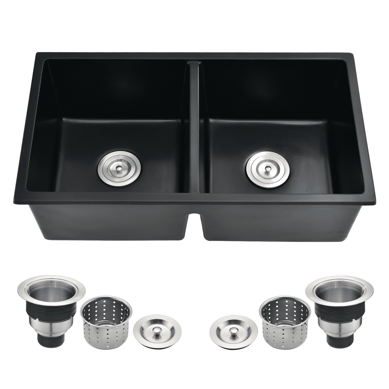 Matte Black Quartz Double Bowl Undermount Kitchen Sink with Basket Strainer