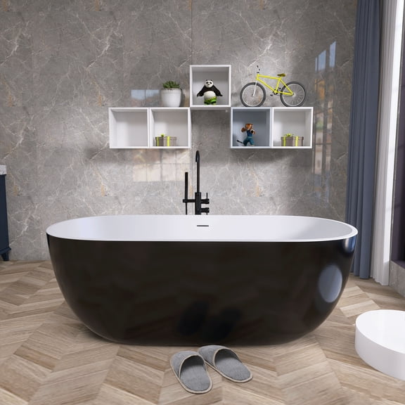 CLEARANCE! 65" Acrylic Free Standing Tub - Classic Oval Shape Soaking Tub, Adjustable Freestanding Bathtub with Integrated Slotted Overflow and Chrome Pop-up Drain Anti-clogging Black