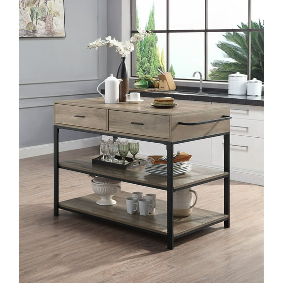 CLEARANCE! ACME Macaria Kitchen Island, Rustic Oak & Black Finish AC00403