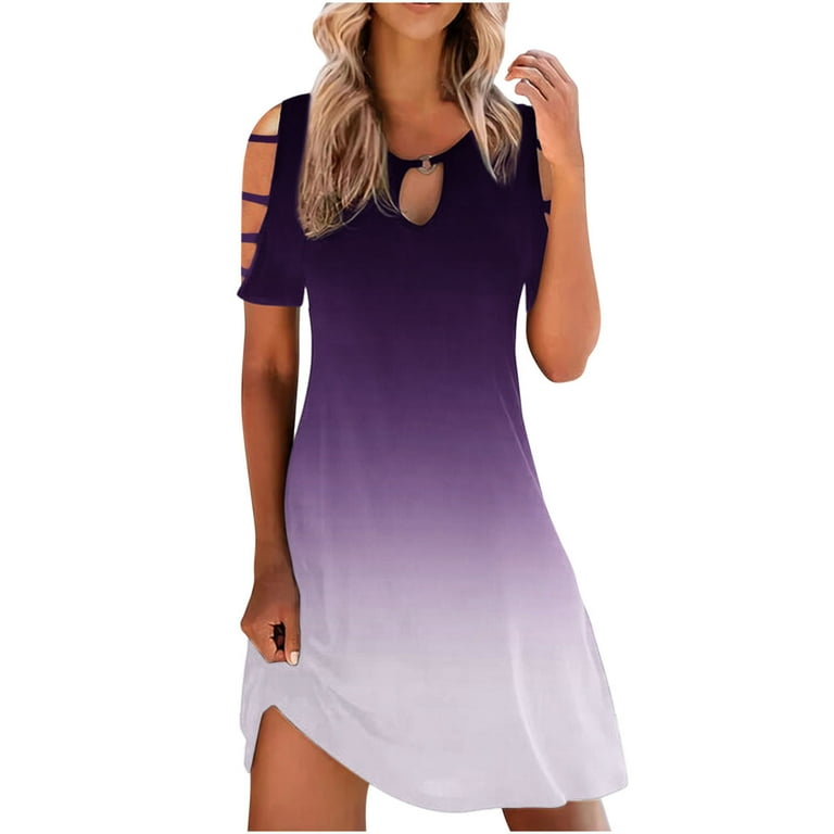 CLEARANCE Cold Shoulder Dresses for Women Dresses 2023 Casual Purple Dresses Women Crewneck Dress Short Sleeve Dresses Women Slimming Draw Back Print Dresses Ladies Waist Slim Strapless Dress L Walmar...