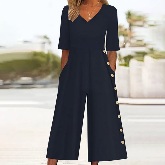 !! Toonshare Deal Solid Women Jeans Trousers Under $5 Women's Summer Short Sleeved V-neck Jumpsuit Navy S