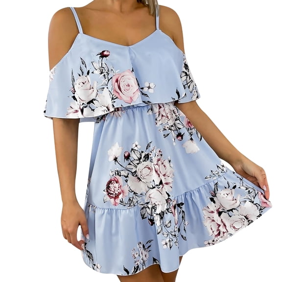 Dresses for Women 2023 Casual Spaghetti Strap Dresses V Neck Dresses Short Sleeve Dresses Womens Summer Print Ruffle Blouse Loose Dresses Women Stitching Strapless Dress Light Blue L