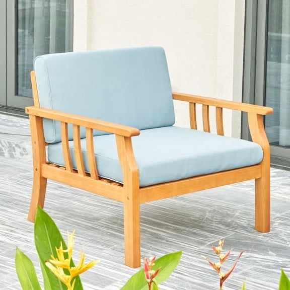 CLEARANCE! Kapalua Honey Nautical Curve Eucalyptus Wooden Outdoor Sofa Chair with Cushion