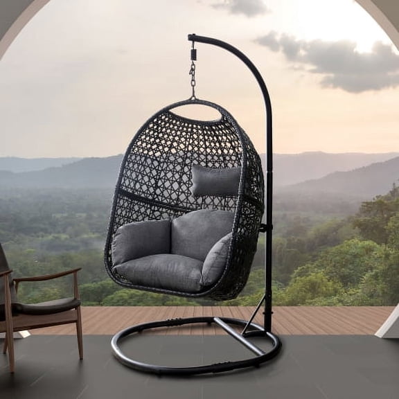 CLEARANCE! Large Hanging Egg Chair with Stand Upgraded Wicker Egg Swing Chair Outdoor Indoor PE Rattan Hanging Chair with Grey Comfort Cushion Heavy Duty C-Stand
