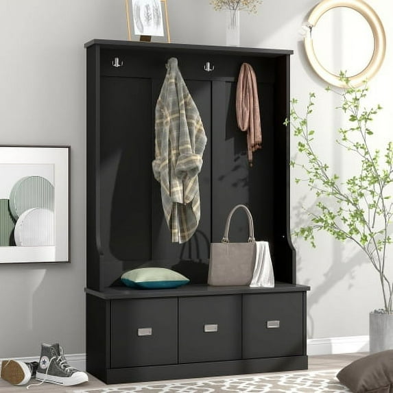 CLEARANCE! ON-TREND Hall Tree with 4 Hooks and 3 Large Drawers, Coat Hanger, Entryway Bench, Storage Bench, 3-in-1 Design, for Entrance, Hallway (Black)