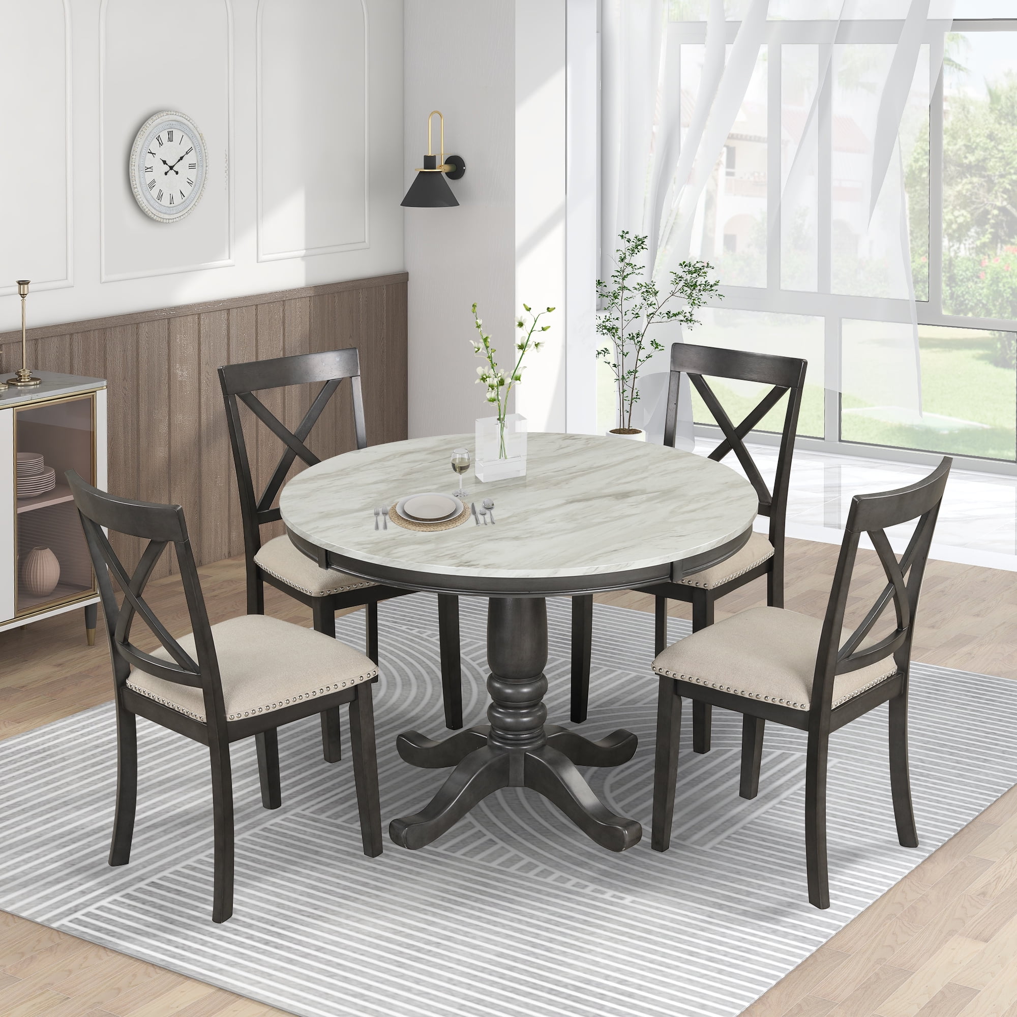 CLEARANCE Orisfur. 5 Pieces Dining Table and Chairs Set for 4 Persons Kitchen Room Solid Wood Table with 4 Chairs