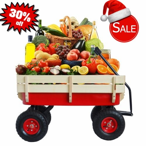 CLEARANCE! Outdoor Sport Red Wagon All Terrain Pulling w/Removable Wooden Side Panels Air Tires Big Foot Panel Wagon 330 lbs. Weight Capacity Sturdy All Steel Wagon Bed Kids' Pull-Along Wagons (Red)
