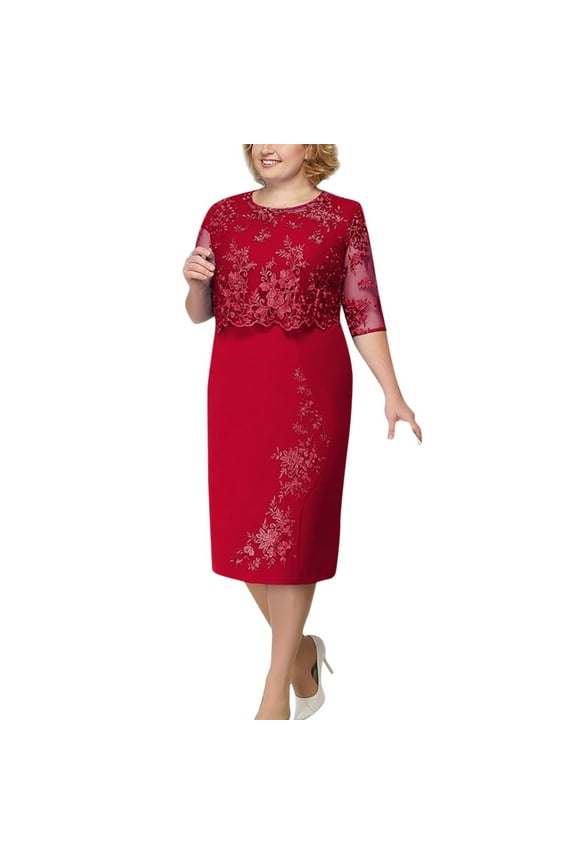 Plus Size Dress Lace Dress Elegant for Women Crewneck Knee Length Dresses Two Piece Dresses Red Dresses Women Fashion Mother Of Bride Dresses Short Sleeve Women Panel Fake Oversizedddd Pack