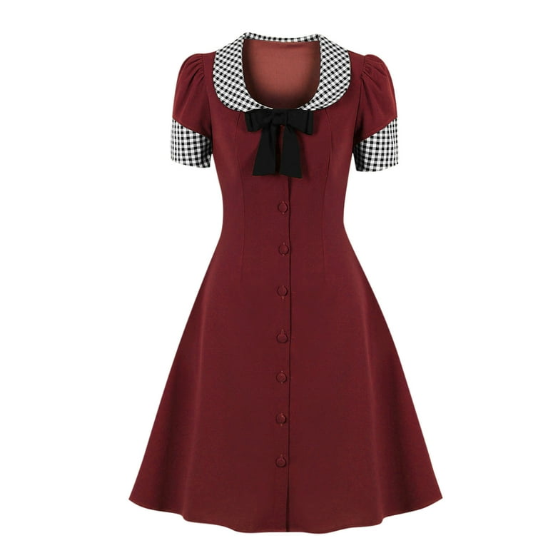 CLEARANCE Square Neck Dress Crewneck Dresses for Women Women Temperament  Stitching Contrast Button Dresses Ladies Temperament Splicing Color  Contrast Square Collar Retro Dress Wine M 